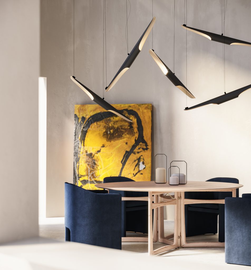 product visualization of wooden table, chairs and yellow abstract painting