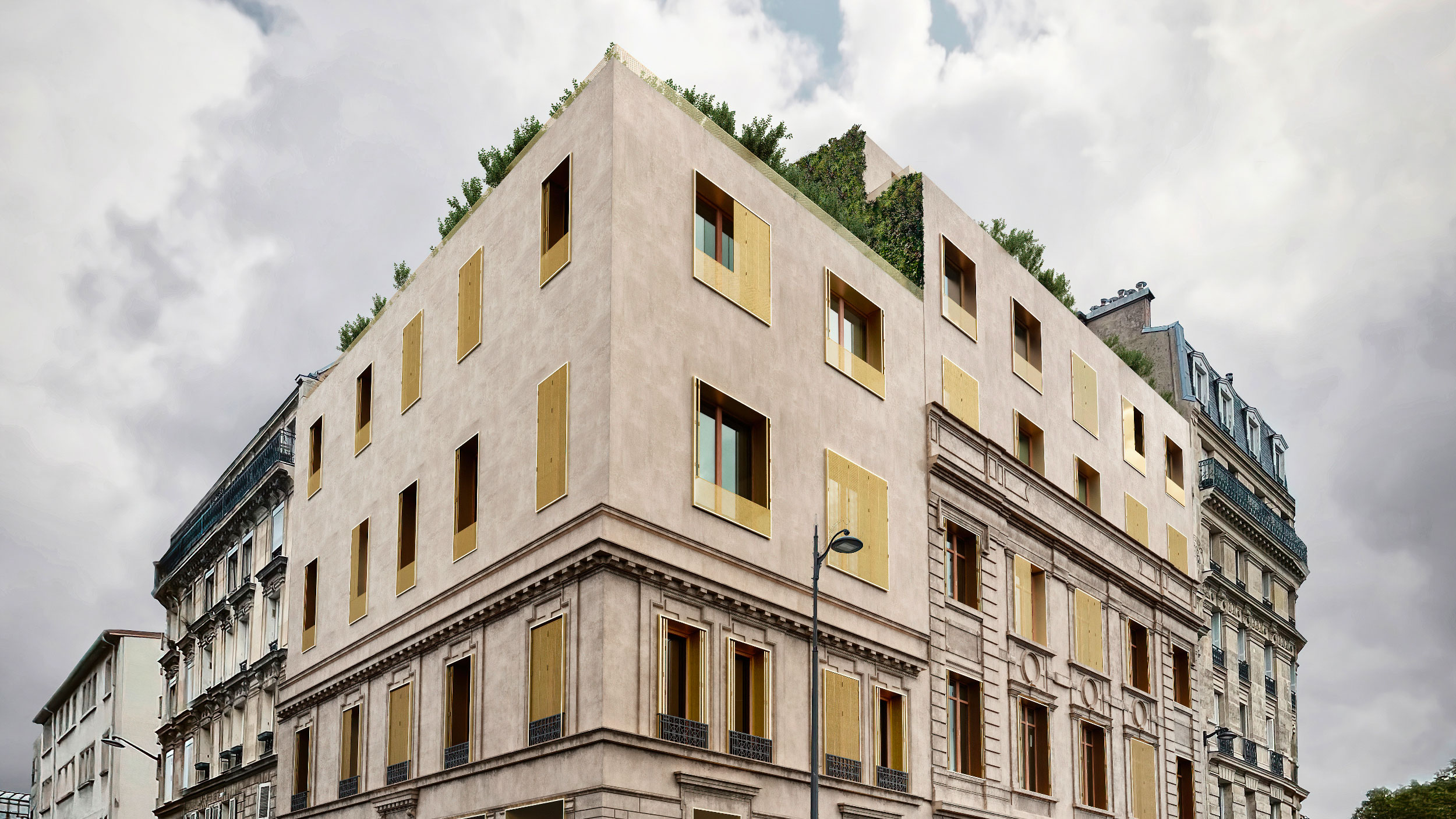 Residential Building Rehabilitation in Quai de Valmy urban building with yellow windows and plants in the rooftop
