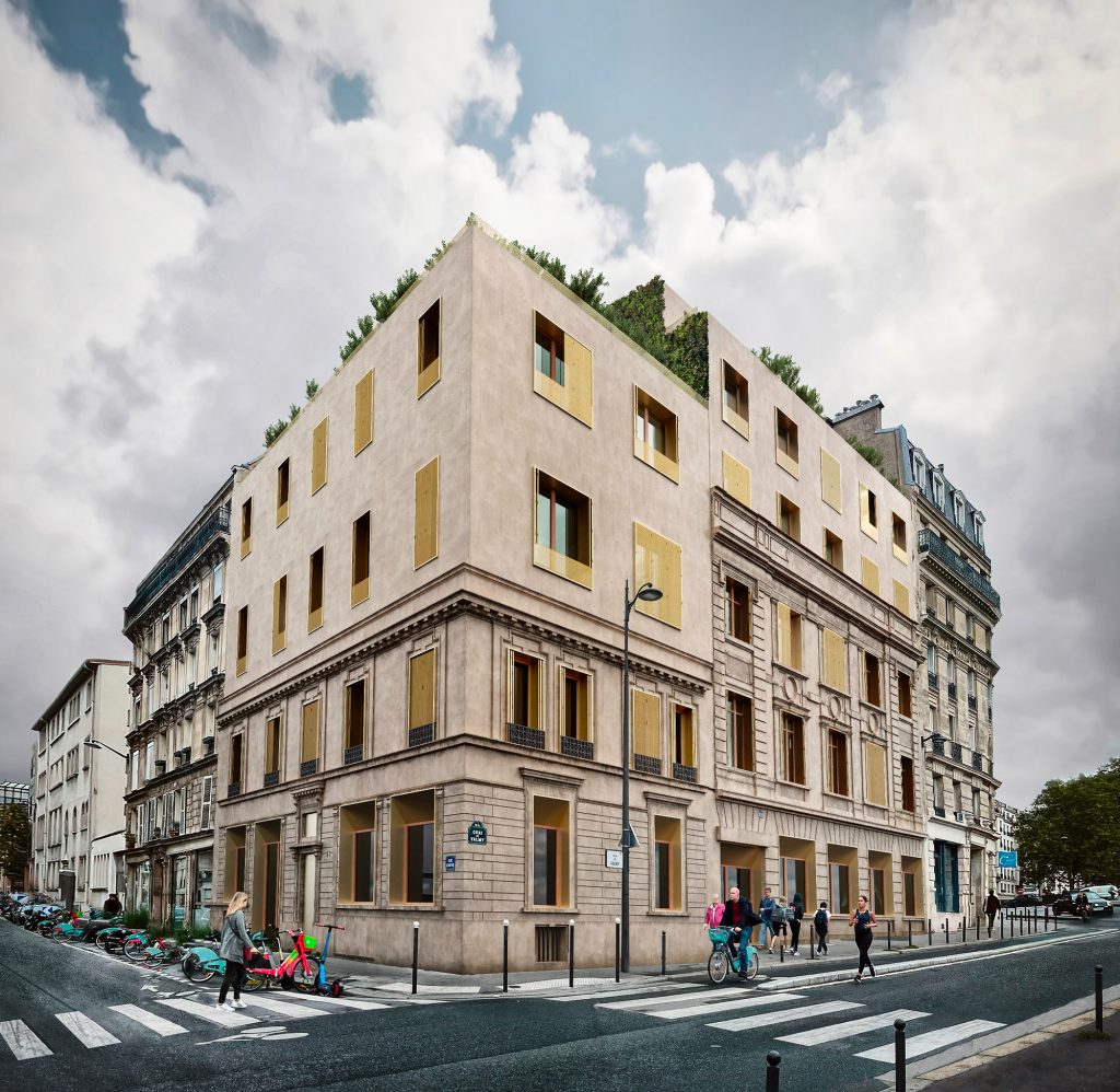 architectural visualization urban building with pedestrians