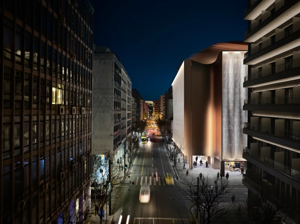 3D architectural visualization of minion building during the night