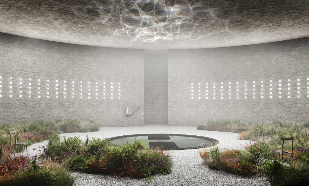 terra high-end visualization interior building with pond, plants and stones