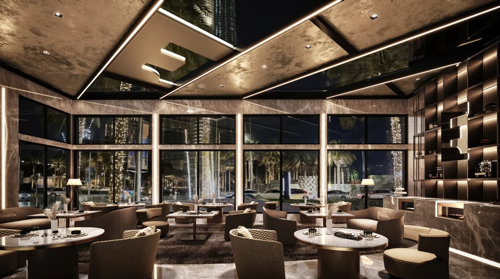 A high-end architectural visualization of a carshow light saloon in united arab emirates