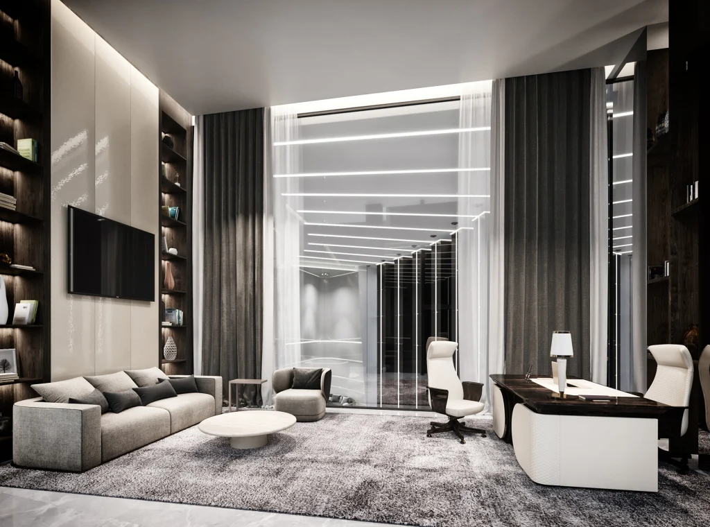 high-end visualization of black and white carshow room interior