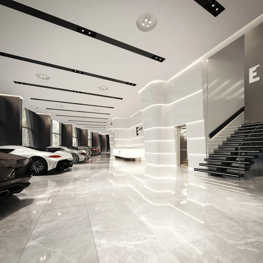 A high-end architectural visualization of a white modern carshow