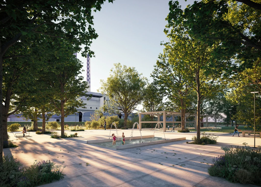 ERGONWOLF_META-Landschaftsarchitektur_Saint-Louis-Park-2_web landscape visualization metaverse of saint louis park with trees, fountain and people
