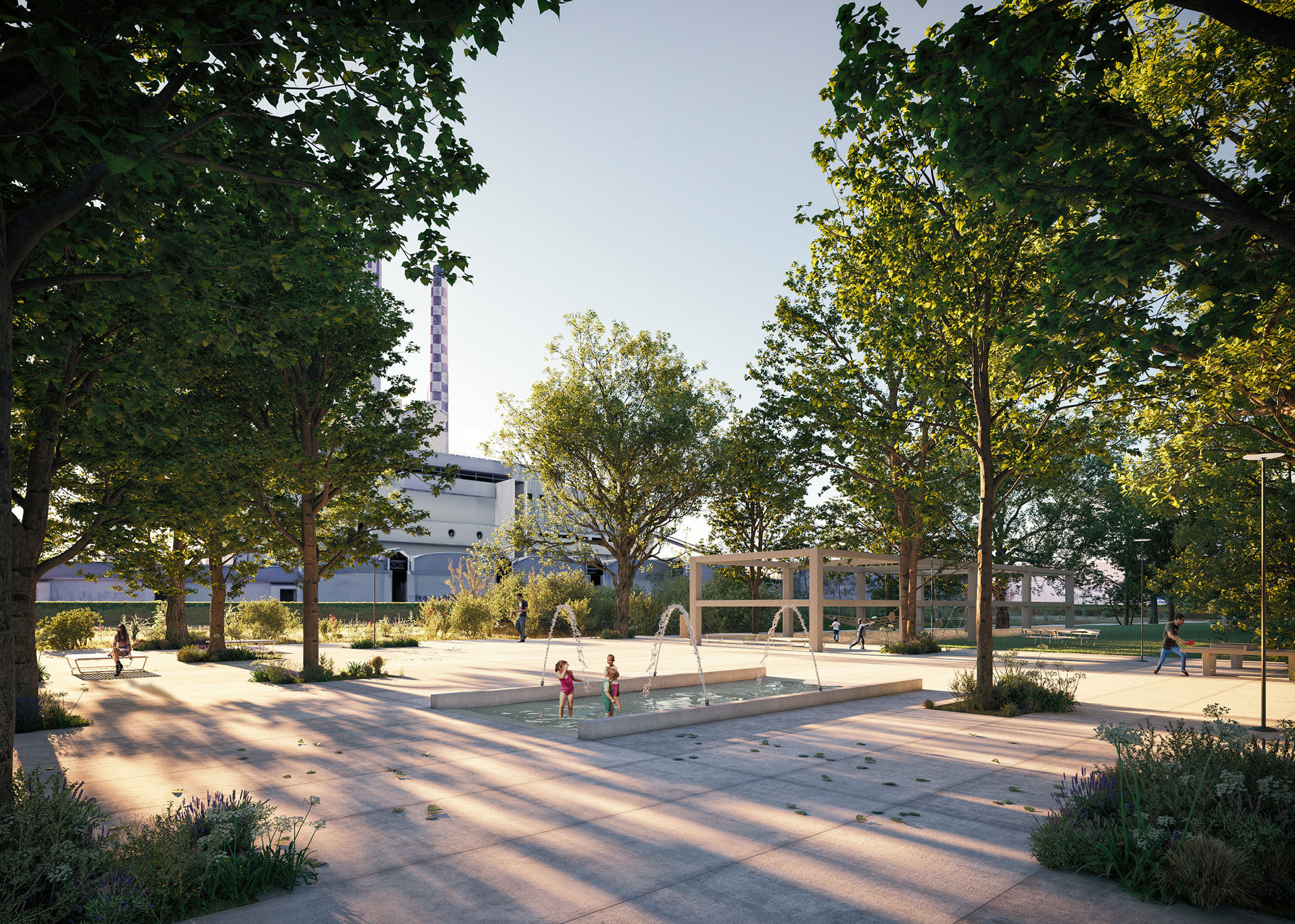 landscape visualization metaverse of saint louis park with trees, fountain and people