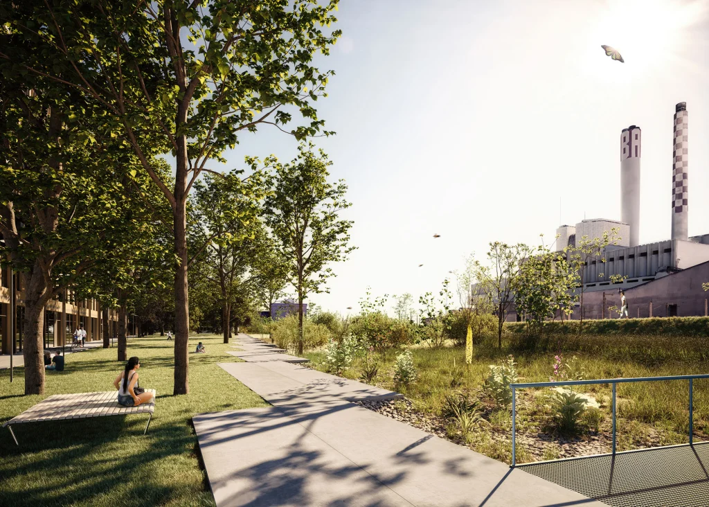 ERGONWOLF_META-Landschaftsarchitektur_Saint-Louis-Park-8_web landscape visualization metaverse of saint louis park with trees and a girl sitting on a bench
