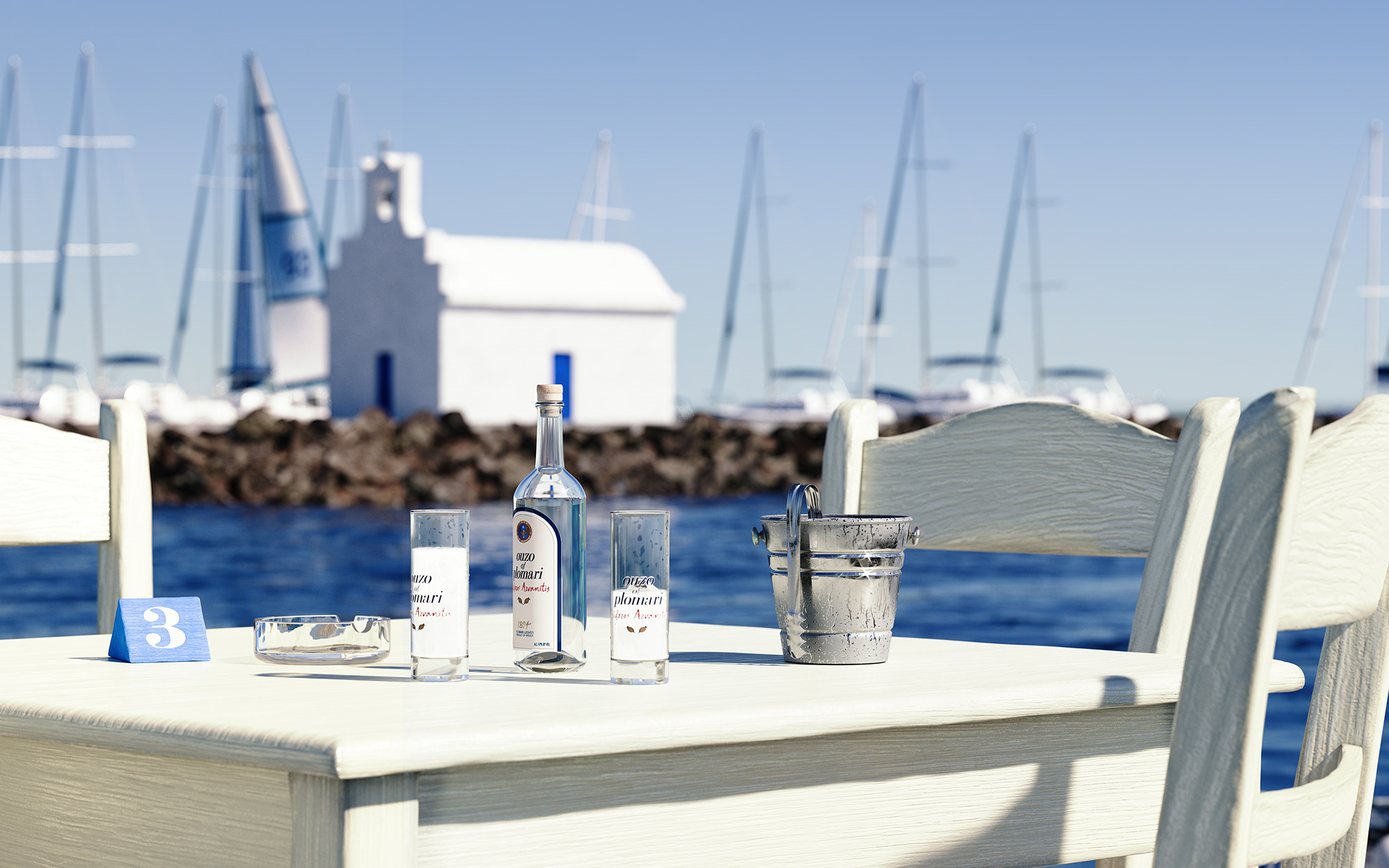 Stin Ygeia Mas detail of drinks and glasses in white wooden table next to the sea in a greek island