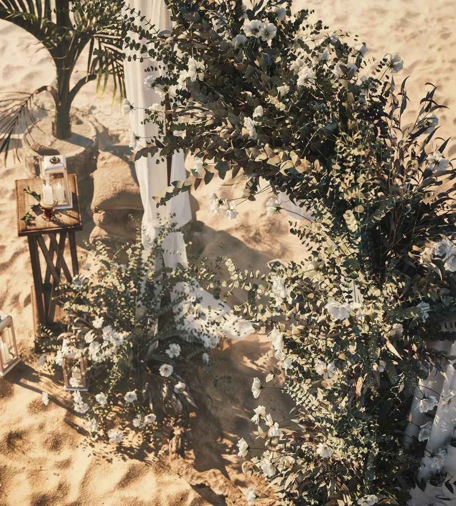 3D Landscape Visualization of a greek wedding in island with sand, plants and white sheets