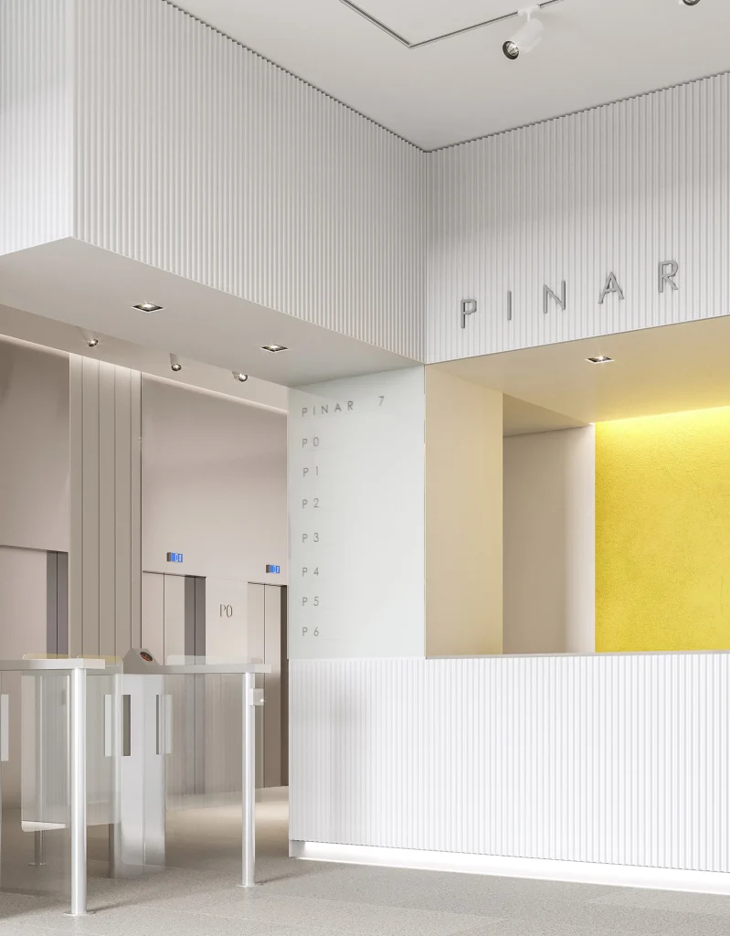 office building interior architectural visualization of white modern entrance for rodriguez plaza architects in madrid