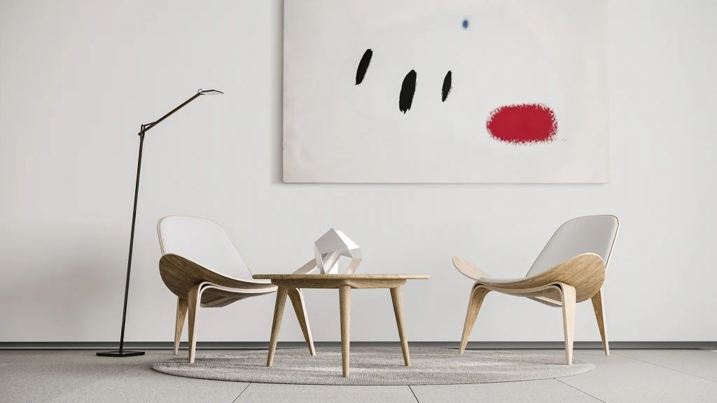 office building visualization of wooden chairs, table and an abstract painting for rodriguez plaza architects in pinar 7 madrid