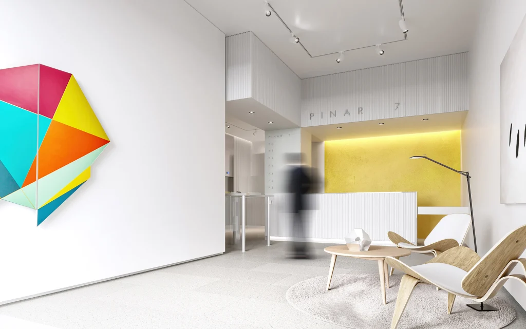 office building interior architectural visualization of white and yellow chill room for rodriguez plaza architects in pinar 7 madrid